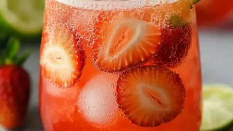 Delightful non-alcoholic strawberry limeade mocktail garnished with fresh strawberries and lime.