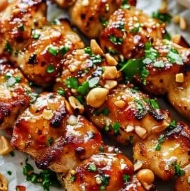 Easy grilled chicken skewers with honey garlic sauce on a plate.