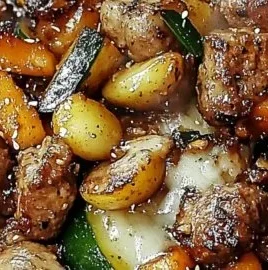 Delicious cowboy stir fry served on a Blackstone grill with colorful veggies.