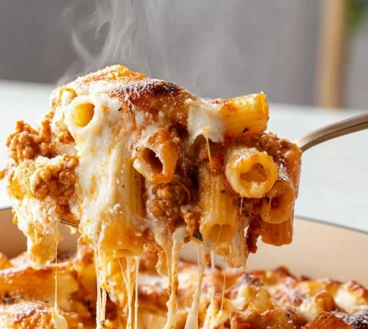 High protein cottage cheese baked ziti in a baking dish