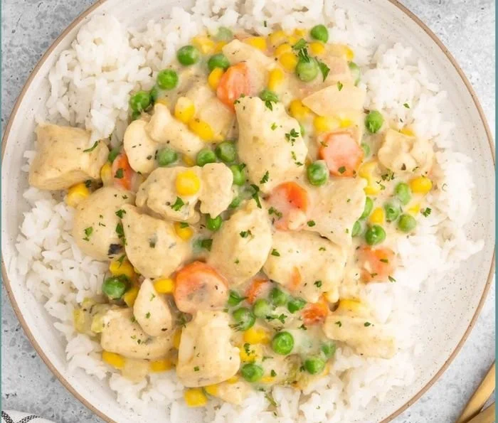 A delicious high protein crustless chicken pot pie served in a bowl.