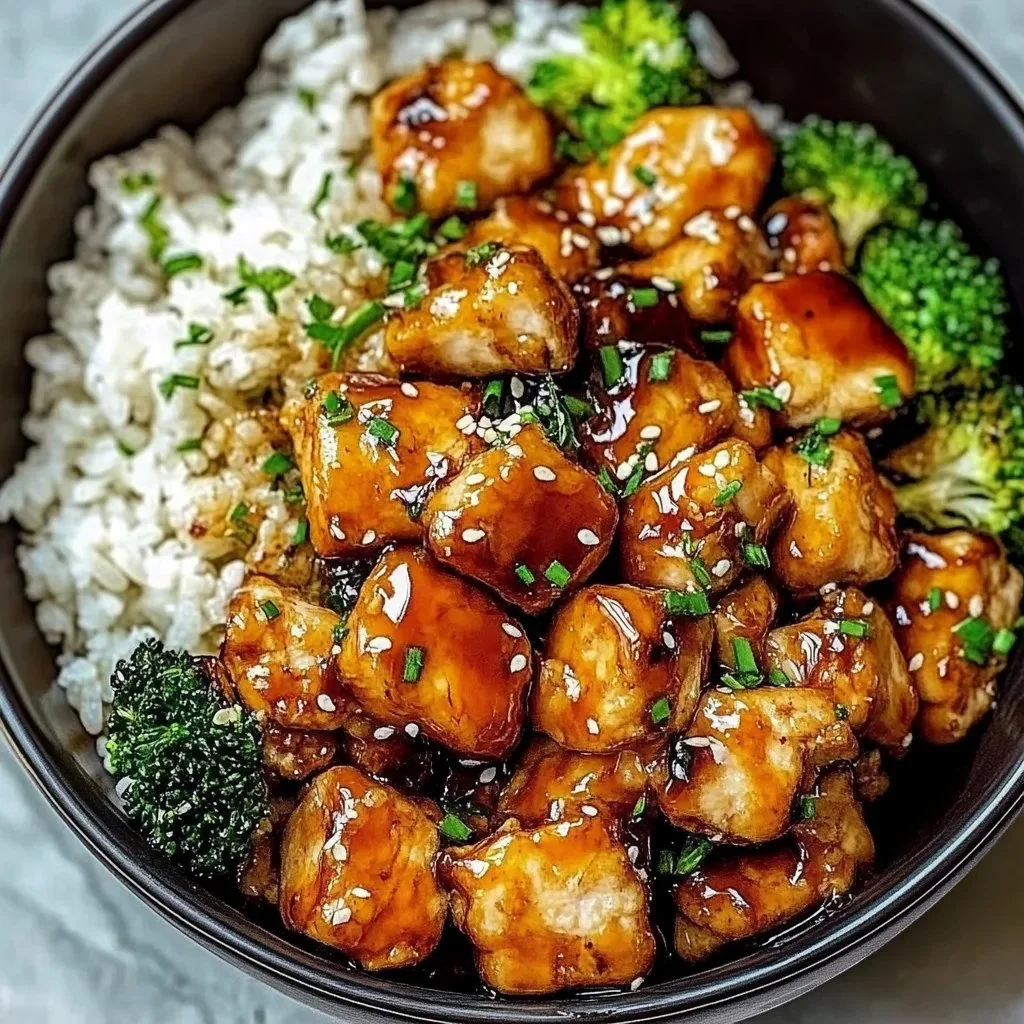 Hot Honey Chicken Bowl garnished with herbs and served in a vibrant bowl