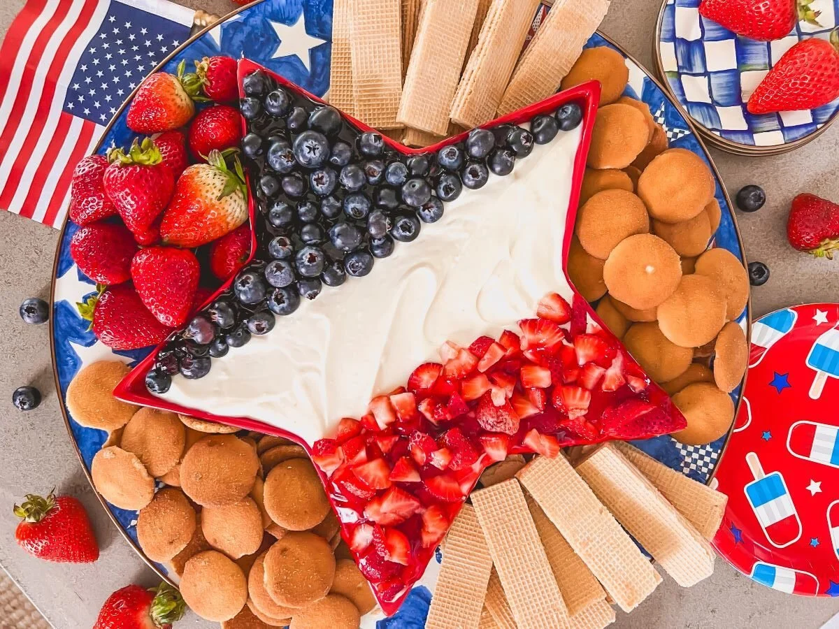 Star Spangled Cheesecake Dip with red, white, and blue toppings for festive occasions