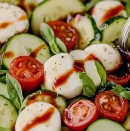 Juicy cucumber Caprese salad with fresh tomatoes, mozzarella, and basil on a plate.