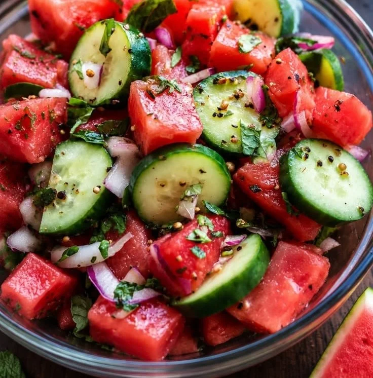 Mexican watermelon cucumber salad with fresh ingredients served in a bowl
