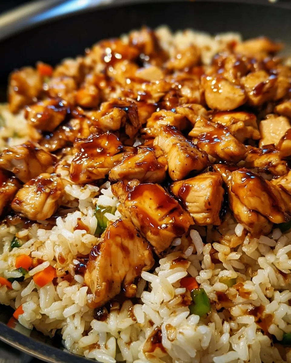 One-pan honey BBQ chicken served over flavorful rice.