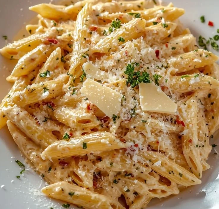 A bowl of one pot creamy garlic pasta topped with fresh herbs and cheese