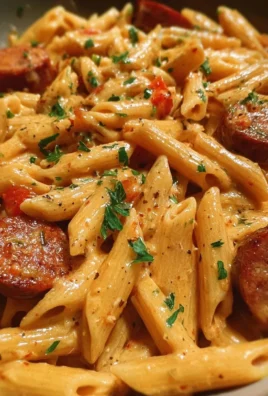 Creamy spicy Cajun sausage pasta topped with parsley in a one-pot dish.