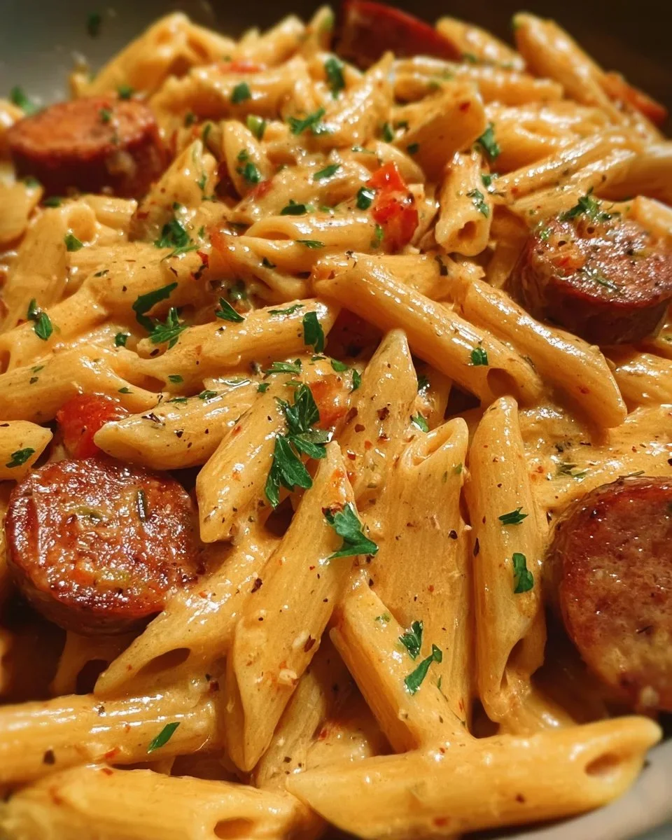 Creamy spicy Cajun sausage pasta topped with parsley in a one-pot dish.