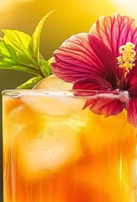 Peach Hibiscus Sunset Tea in a clear glass with fresh peaches and hibiscus flowers.