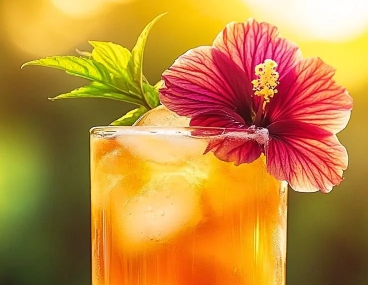 Peach Hibiscus Sunset Tea in a clear glass with fresh peaches and hibiscus flowers.