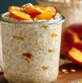 Bowl of Peaches & Cream Overnight Oatmeal topped with fresh peach slices