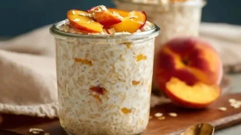 Bowl of Peaches & Cream Overnight Oatmeal topped with fresh peach slices