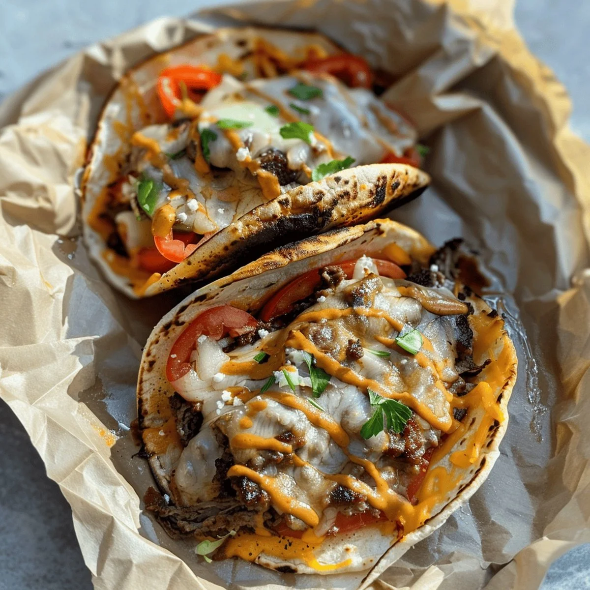 Delicious Philly Cheesesteak Tacos with melted cheese and grilled onions