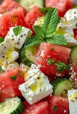 A vibrant watermelon cucumber feta salad in a bowl, garnished with fresh herbs