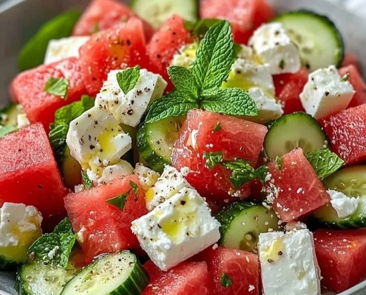 A vibrant watermelon cucumber feta salad in a bowl, garnished with fresh herbs