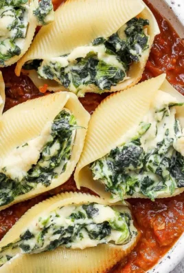 Vegetarian dinner featuring Vegan Stuffed Shells topped with marinara sauce