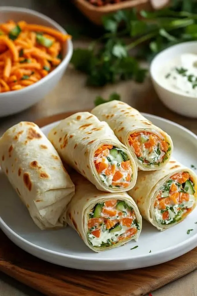 Vegetable Tortilla Roll Ups filled with fresh veggies and rolled for a healthy snack.