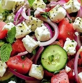 Colorful Watermelon Cucumber Feta Salad with fresh ingredients in a bowl