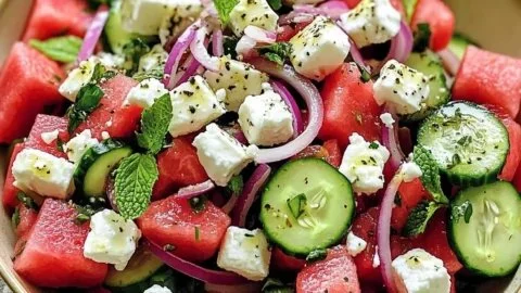 Colorful Watermelon Cucumber Feta Salad with fresh ingredients in a bowl