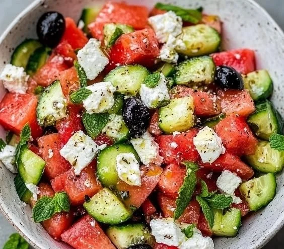 Watermelon Cucumber Feta Salad in Lime Dressing