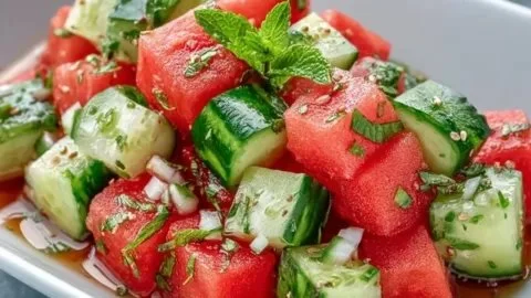 Refreshing Watermelon Cucumber Salad with mint and feta