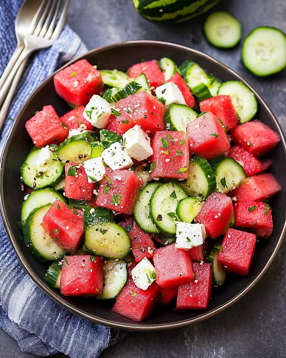 Delicious watermelon cucumber salad with fresh ingredients in a bowl