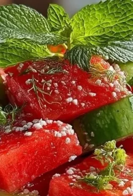 Watermelon Cucumber Salad garnished with fresh mint and feta cheese.