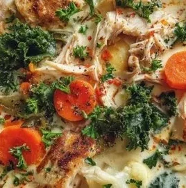Bowl of anti-inflammatory creamy chicken soup with vegetables and herbs