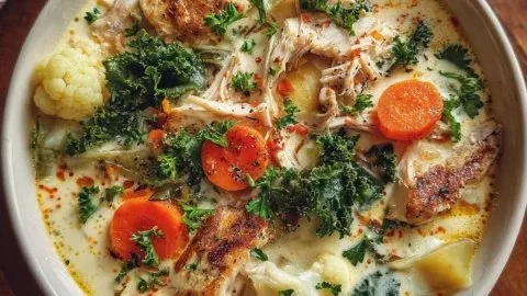 Bowl of anti-inflammatory creamy chicken soup with vegetables and herbs