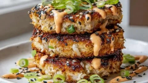 Crispy panko-crusted Asian tuna cakes served on a plate