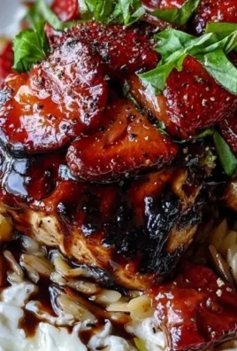 Balsamic glazed chicken with orzo, whipped feta, and roasted strawberries on a plate.