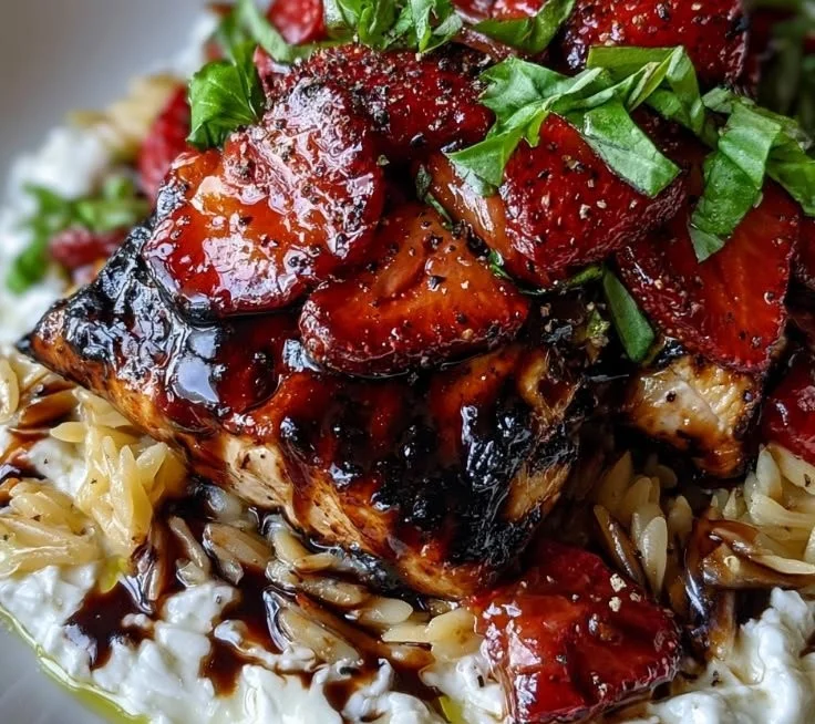 Balsamic glazed chicken with orzo, whipped feta, and roasted strawberries on a plate.