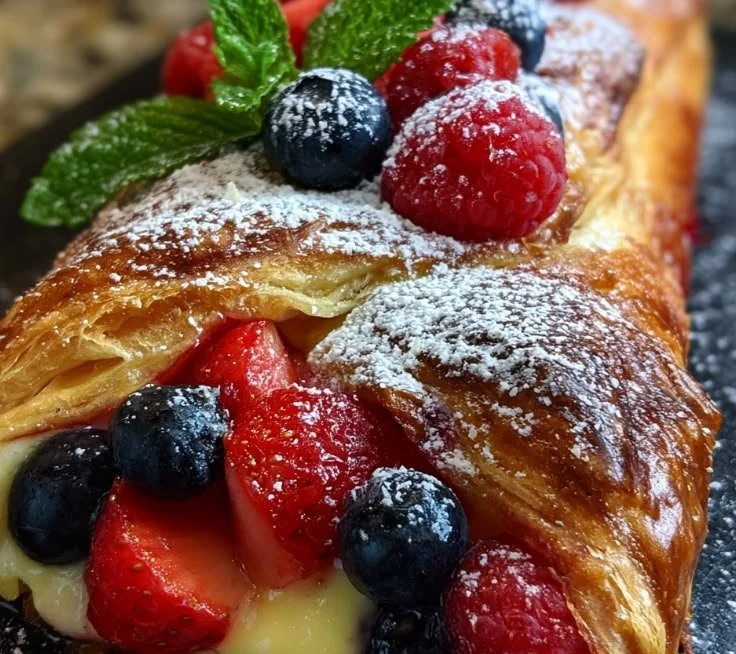 Delicious berry custard strudel with fresh berries and creamy filling