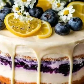 Slice of delicious lemon blueberry cake with blueberries on top