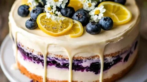 Slice of delicious lemon blueberry cake with blueberries on top