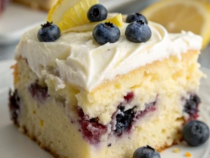 Delicious Blueberry Lemon Poke Cake topped with fresh blueberries and lemon slices
