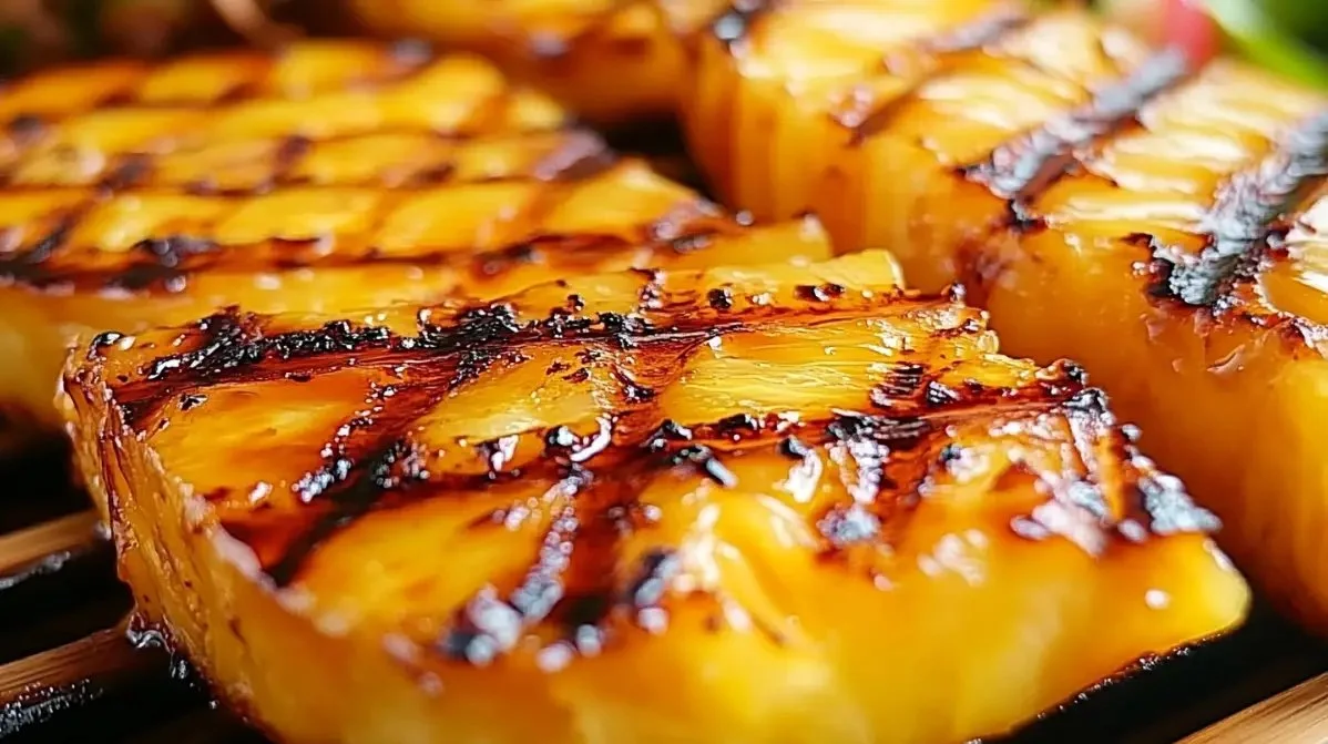 Delicious brown sugar grilled pineapple slices on a barbecue grill