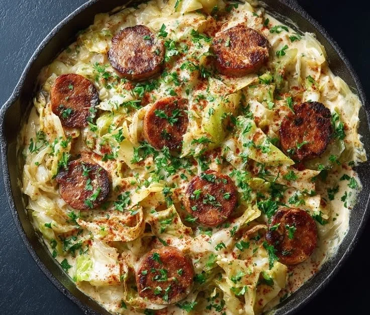 Creamy Cajun Sausage and Cabbage Alfredo served in a bowl
