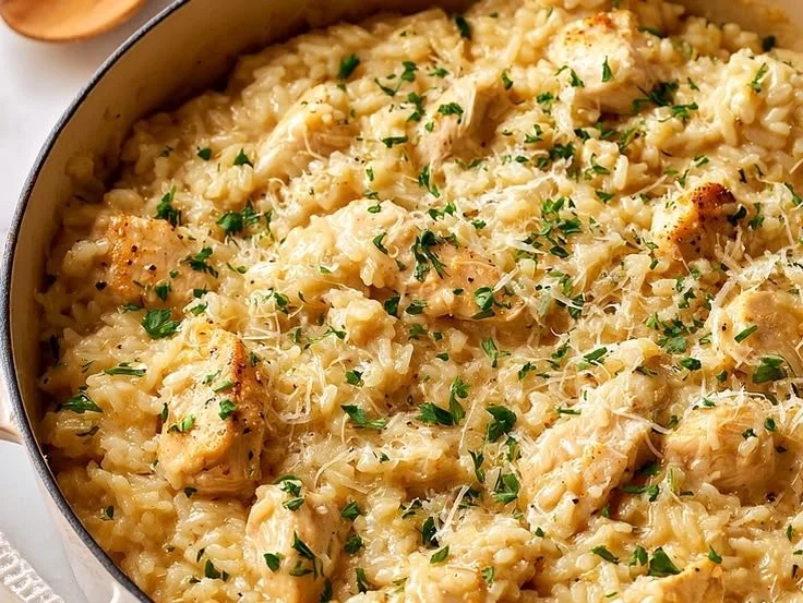 Cheesy garlic parmesan chicken served with rice on a plate