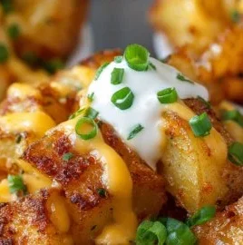 Cheesy taco potatoes dish topped with melted cheese and fresh toppings
