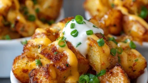 Cheesy taco potatoes dish topped with melted cheese and fresh toppings