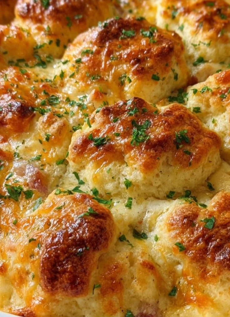 Chicken Biscuit Bake Casserole with bubbly cheese and flaky biscuits
