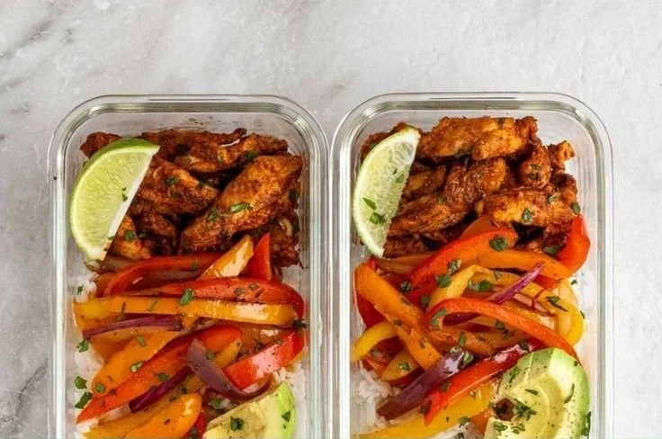 Healthy Chicken Fajita Meal Prep Bowl with colorful veggies and rice