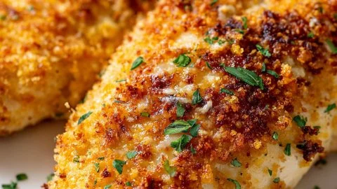 Copycat Longhorn Parmesan Crusted Chicken served with sides