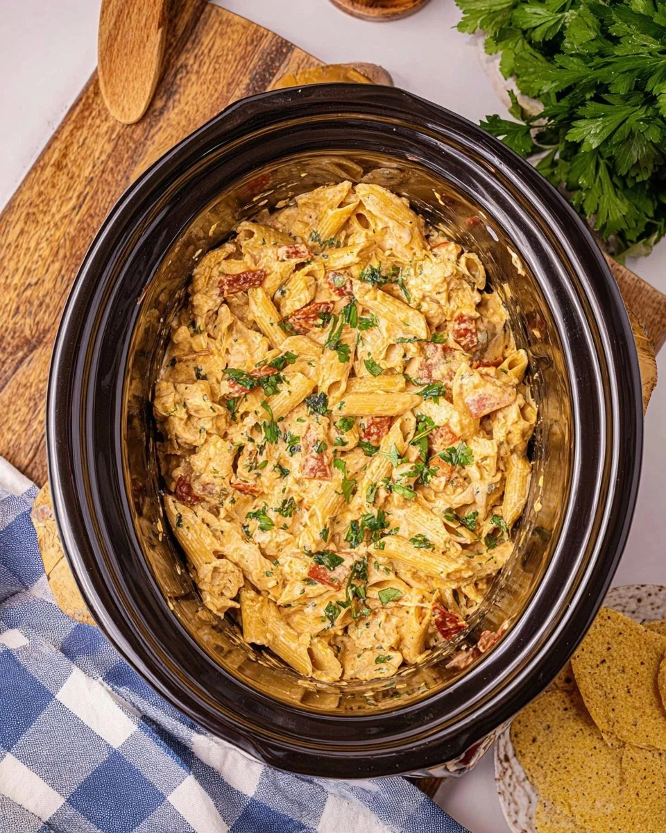 Crockpot Marry Me Chicken Pasta served with fresh parsley and ingredients