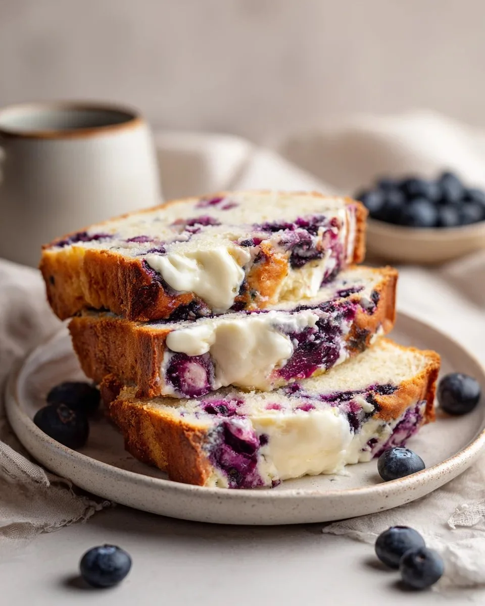 Freshly baked blueberry cream cheese bread on a wooden cutting board