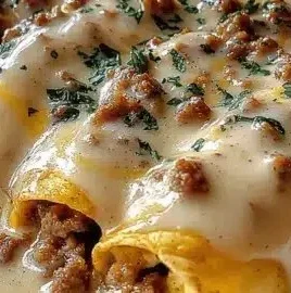 Plate of delicious breakfast enchiladas topped with sausage gravy