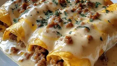 Plate of delicious breakfast enchiladas topped with sausage gravy