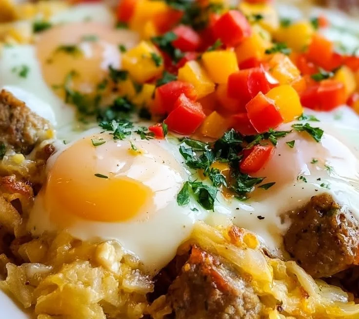 Easy eggs skillet with sausage and hash browns served in a pan.